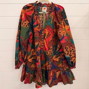 FARM RIO Leopard Jungle Tropical Mini Dress Large Long Sleeve